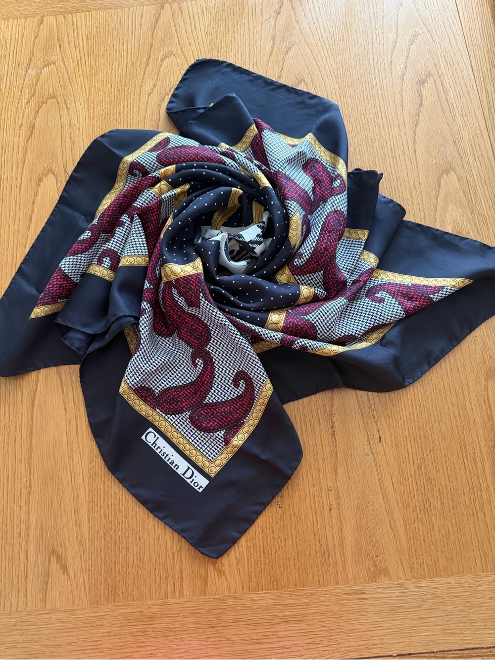 VTG 1980s Christian Dior Scarf 34x34 Houndstooth Chain Red Black White